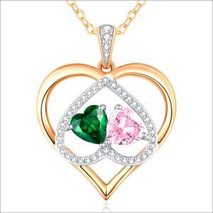 Rose Gold Plated Double Heart Birthstone Pendant Necklace for Women